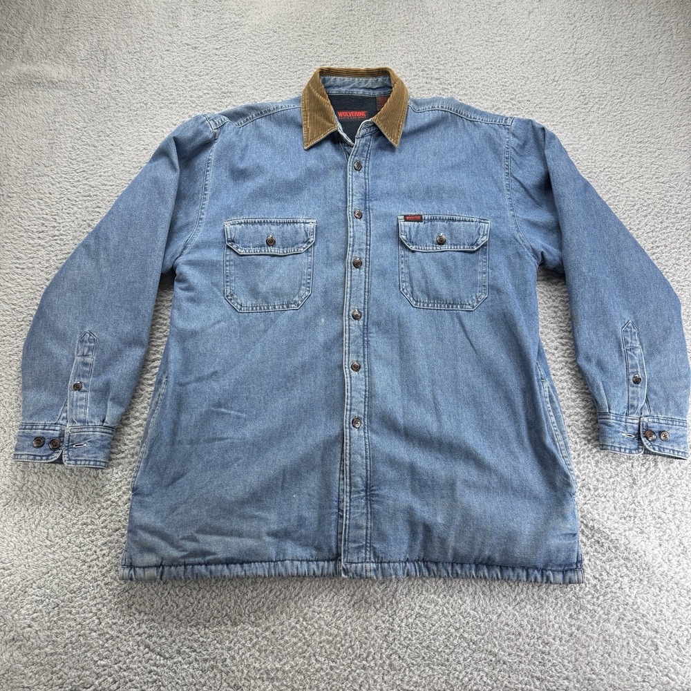 Vtg Wolverine Fleece Lined Denim Work Jacket Blue Corduroy Collar Mens Large